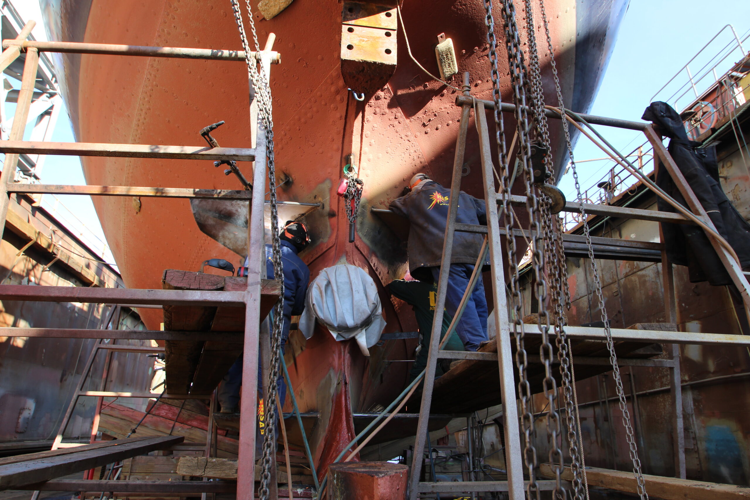 Welding on ship in floating drydock