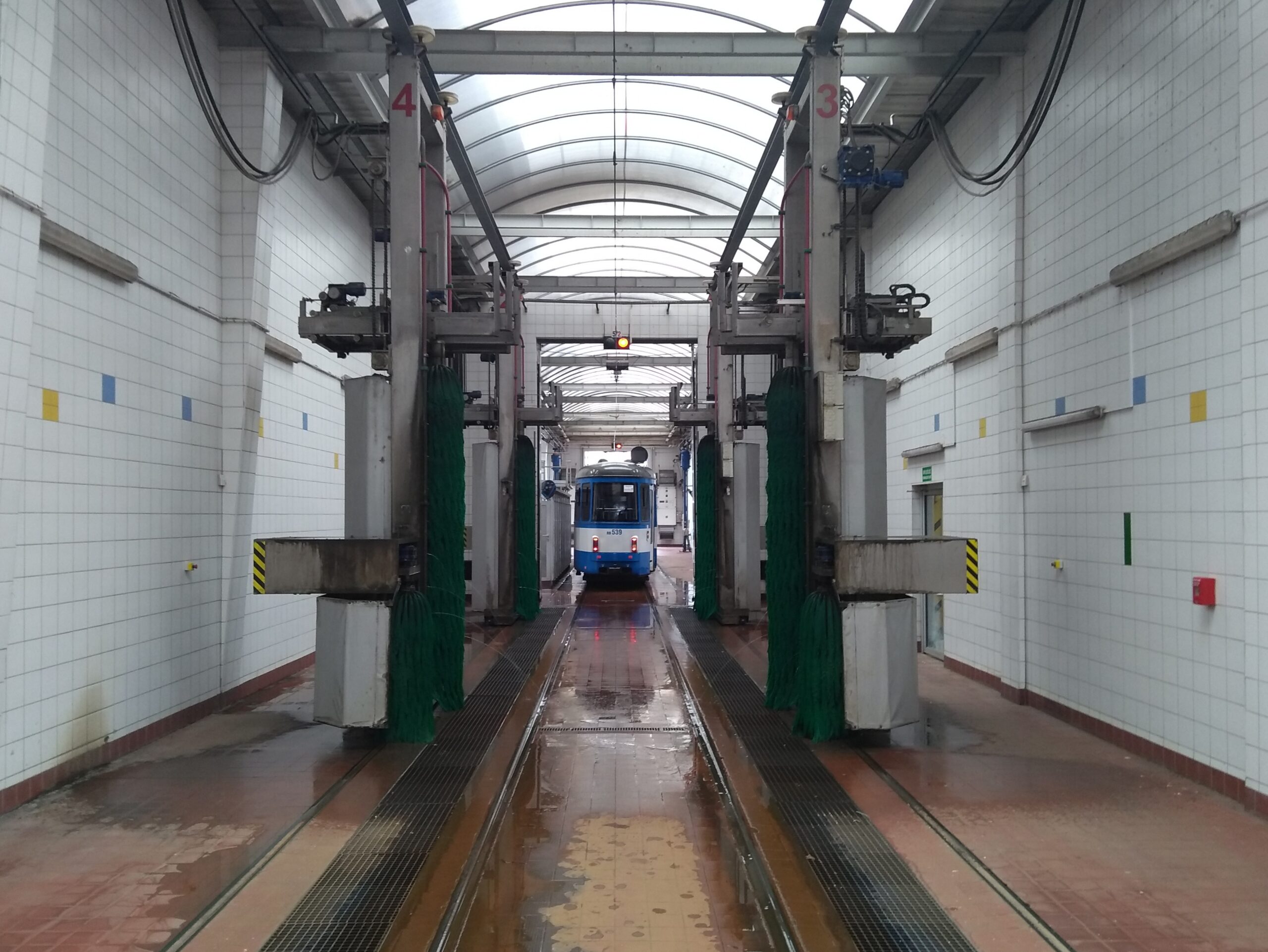 Work at the tram depot – a tramcar going through a tramcar wash