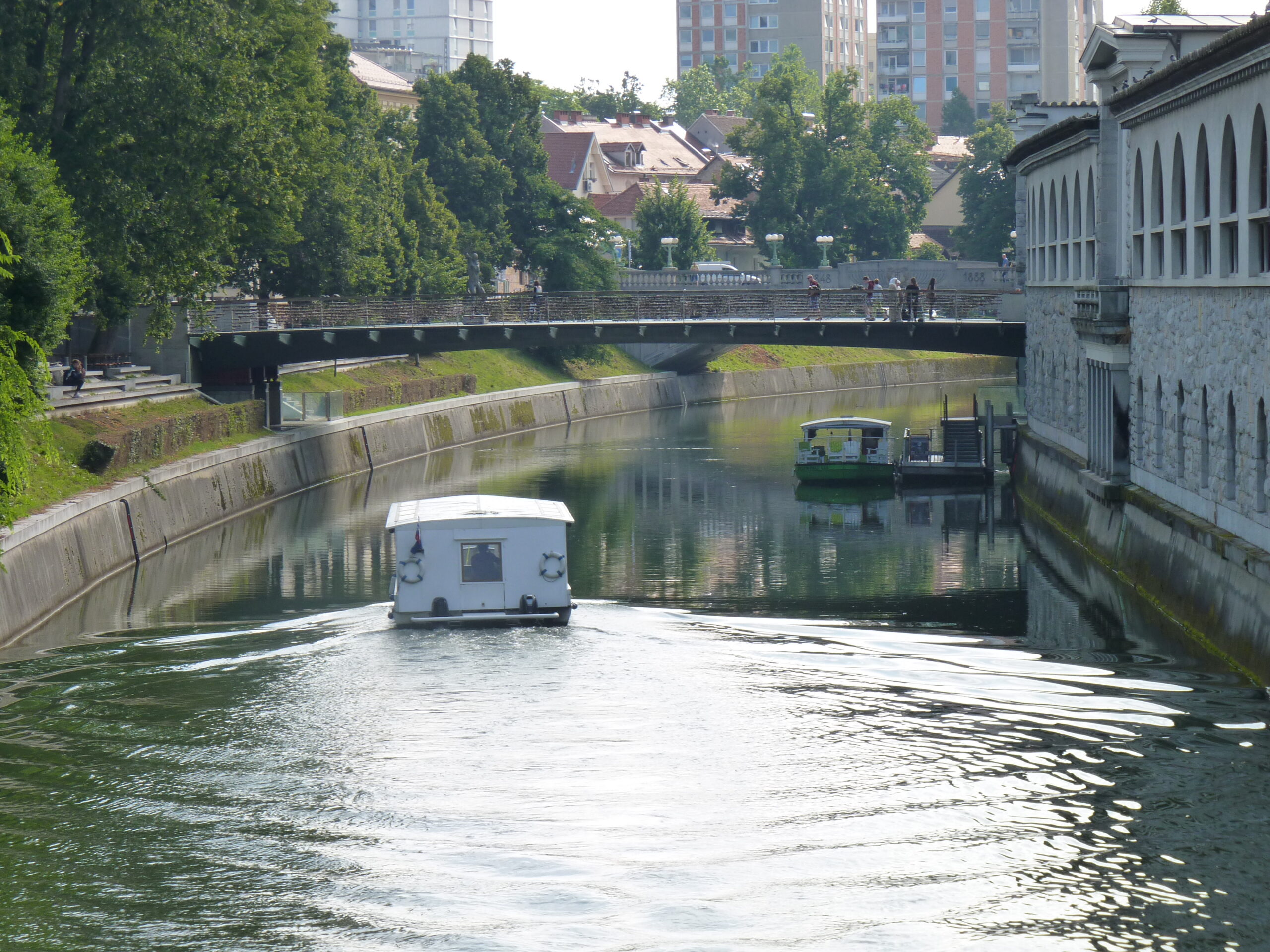 Boat on the river Ljubljanica (going downstream), Ljubljana
